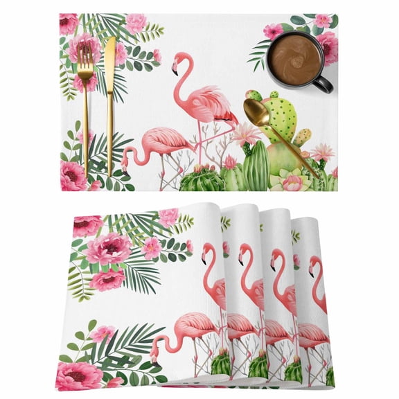 Pink Floral Flamingos Placemats Set of 12, Summer Watercolor Tropical Cactus Non-Slip Place Mats Washable Table Mats for Kitchen Dining Table Decorations Indoor/Outdoor