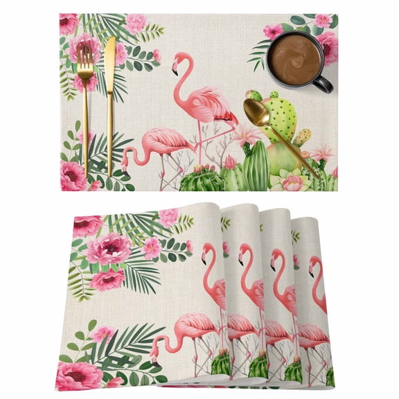 Pink Floral Flamingos Placemats Set of 8, Summer Tropical Cactus Linen Retro Non-Slip Place Mats Washable Table Mats for Kitchen Dining Table Decorations Indoor/Outdoor
