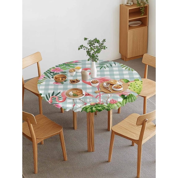 Pink Floral Flamingos Round Fitted Tablecloth with Elastic Edge, Summer Tropical Cactus Green Plaid Waterproof Stretch Table Covers for 36"-44" Tables Wipeable Table Cloth for Outdoor