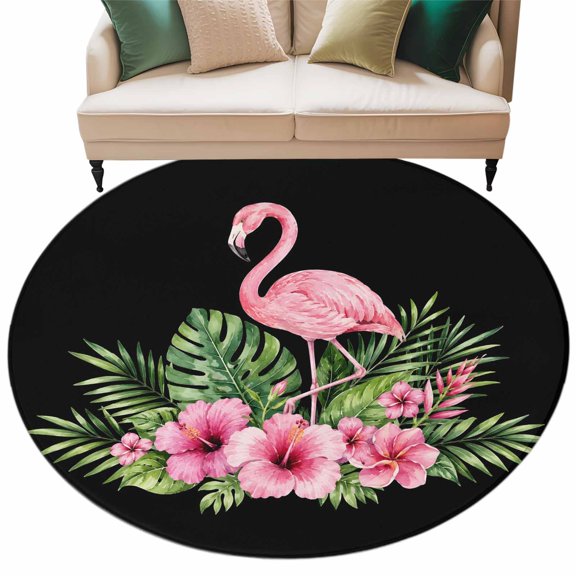Pink Floral Flamingos Round Rug 8ft Washable Circle Rugs Non Slip Summer Botanical Black Tropical Large Area Rug Indoor Floor Carpet for Bedroom Kitchen Living Room Home Office Dining Room Nursery