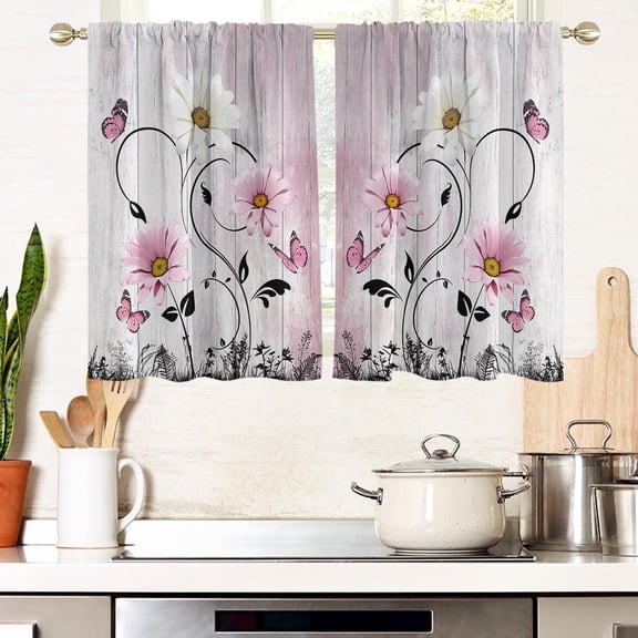 Pink Floral Flower Window Curtains for Kitchen Rustic White Daisy Leaf Butterfly Cute Small Short Home Living Room Bedroom Bathroom Drapes Treatment Tiers Fabric 1 Pair, 27.5" W x 39" L, Retro