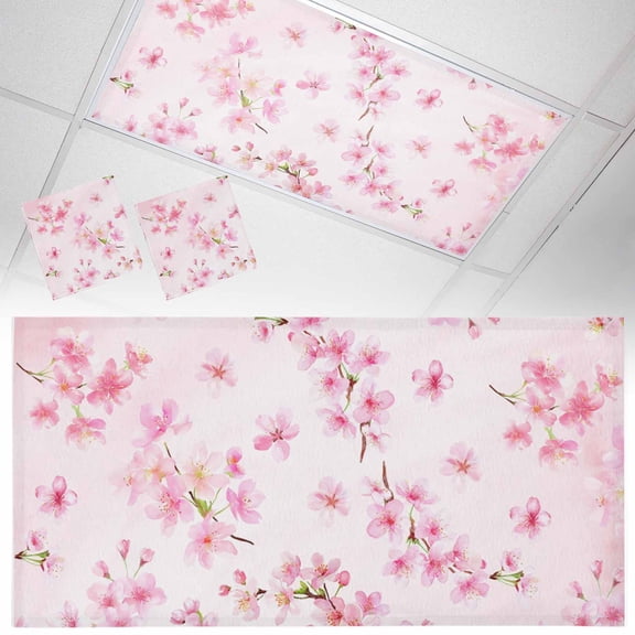 Pink Floral Fluorescent Light Covers Spring Pink Cherry Blossom Flowers Branches Gradient Pink Magnetic Light Filters Ceiling Lighting Panel Shade for Classroom Office Home 2 x 4 ft, 2 Pack