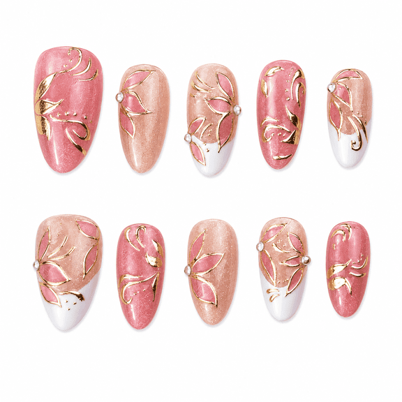 Pink Floral French Tip Press on Nails, Medium Almond Glossy Cat Eye Fake Nails, 30 Count