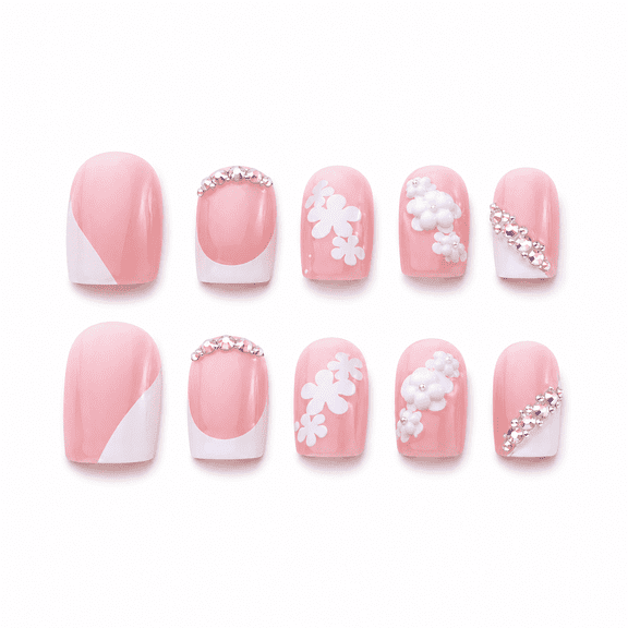 Pink Floral French Tip Press on Nails, Short Coffin Glossy Fake Nails with Rhinestone Accent, 24 Count
