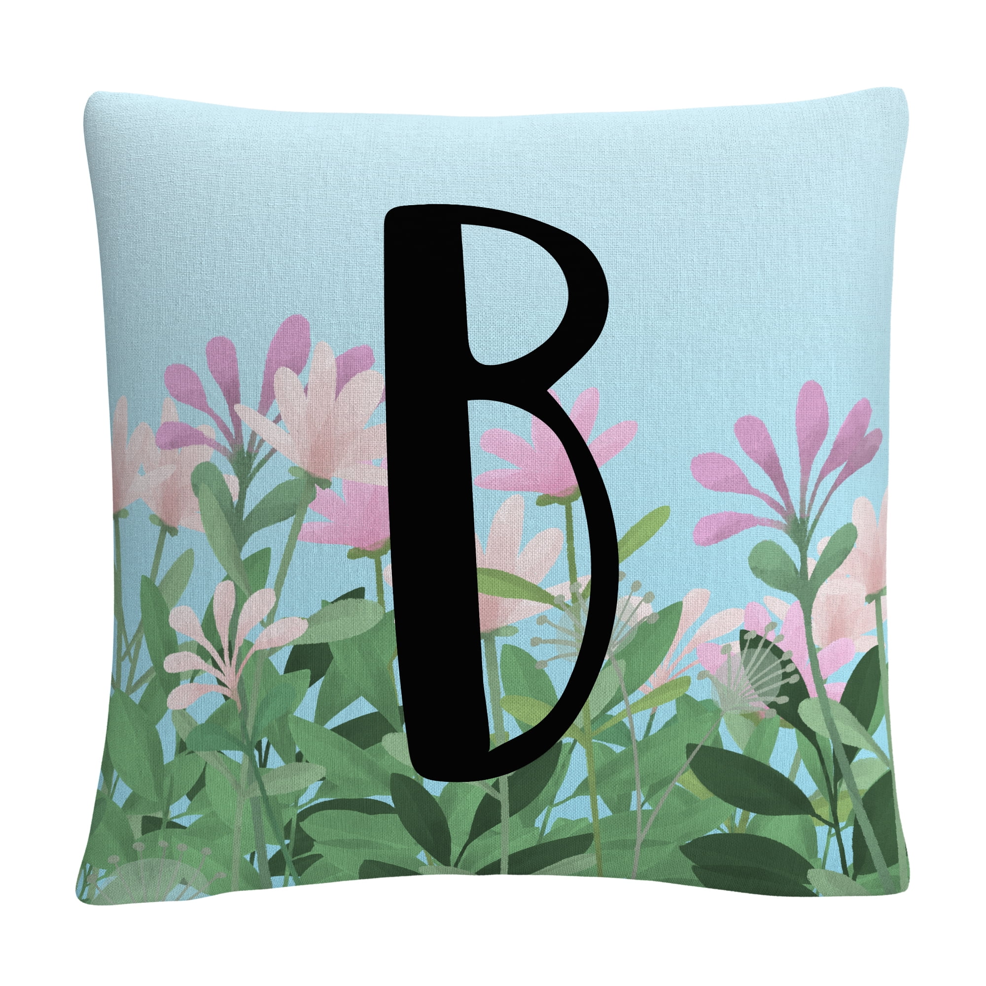 Pink Floral Garden Letter Illustration B By Abc 16 X 16 Decorative Throw Pillow