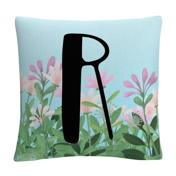 Pink Floral Garden Letter Illustration R By Abc 16 X 16 Decorative Throw Pillow
