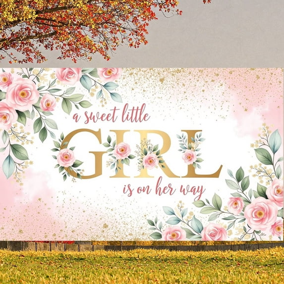 Pink Floral Girl Baby Shower Banner Gold Glitter Sweet Little Girl Display Green Leaves Floral Decor Floral Backdrop for Baby Shower Party Girl Welcome Celebration Newborn Girl Party
