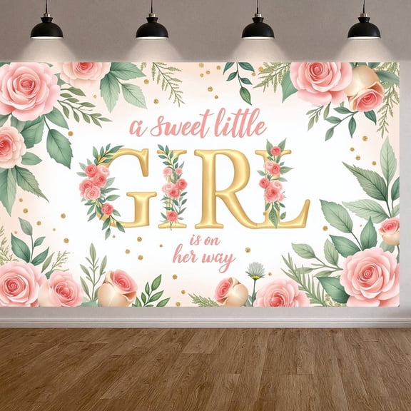 Pink Floral Girl Baby Shower Banner Gold Glitter Sweet Little Girl Display Green Leaves Floral Decor Floral Backdrop for Baby Shower Party Girl Welcome Celebration Newborn Girl Party