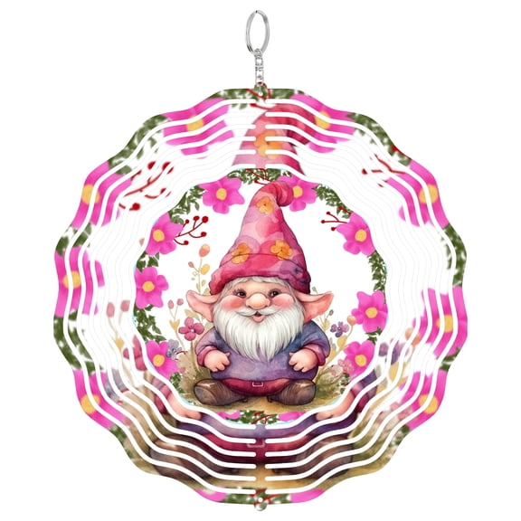 Pink Floral Gnome 3D Wind Spinner Kinetic Metal Hanging Spring Fantasy Round