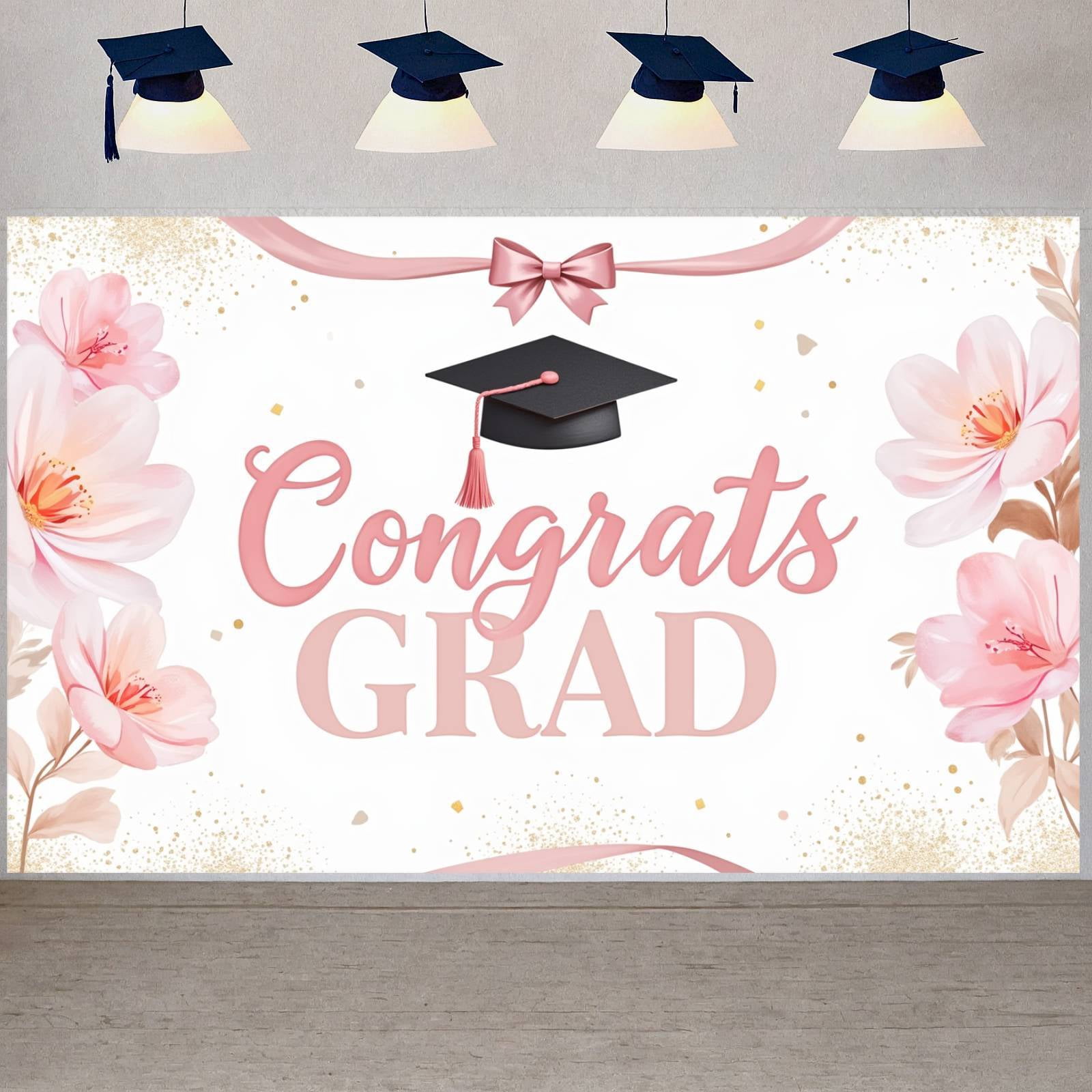 Graduation Pink Pattern Border Pink Floral Graduation Banner Gold Glitter Graduation Backdrop ...
