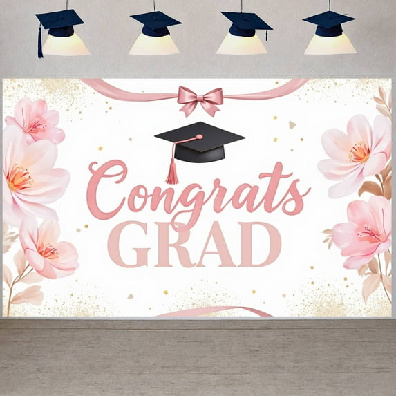 Pink Floral Graduation Banner Gold Glitter Graduation Backdrop Graduation Cap Pink Ribbon Grad Photo Backdrop for Graduation Party Graduation Ceremony Grad Photo Shoot