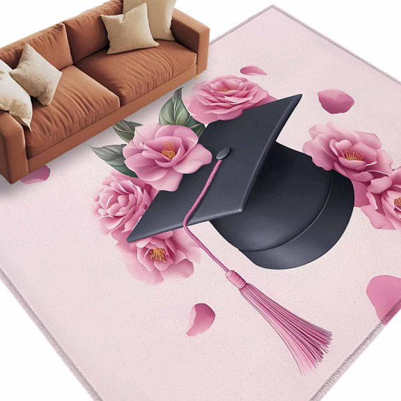 Pink Floral Graduation Cap Area Rug 6x9 Washable Rug Non Slip Modern Falling Petals Gradient Large Area Rug Soft Stainresistant Indoor Floor Carpet for Living Room Bedroom Office Dining Room Nursery
