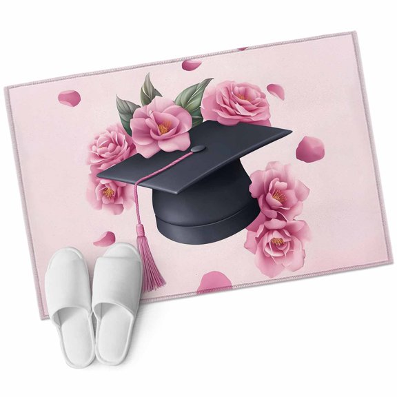 Pink Floral Graduation Cap Bathroom Rug Washable 2x3 Entryway Rug Non Slip Modern Falling Petals Gradient Front Door Mat Low Pile Indoor Doormat Throw Floor Carpet for Kitchen Bedroom Entrance