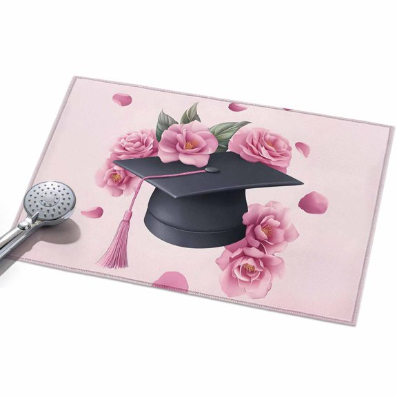 Pink Floral Graduation Cap Entryway Rug 2x3ft Washable Non Slip Bathroom Rug Indoor Floor Front Door Mat Modern Falling Petals Gradient Rectangle Area Rugs Carpet for Kitchen Office Dining Room Home