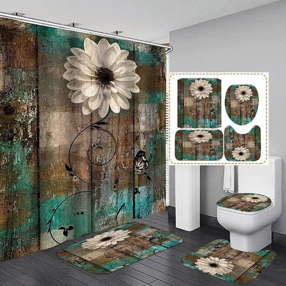 Pink Floral Greyish Leaves Flower Blue Fabric Shower Curtain Sets with Non-Slip Rugs,Toilet Lid Cover and Bath Mat,Waterproof Bathroom Decor Accessories Set