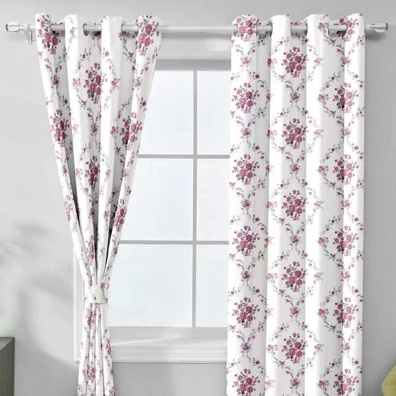 2 Panels Pink Floral Grommet Curtains, 52x84 Inch Vintage Rose Print Light Filtering Window Drapes for Home Decor