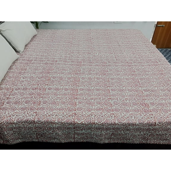 Pink Floral Handmade Cotton Kantha Quilt Twin Size