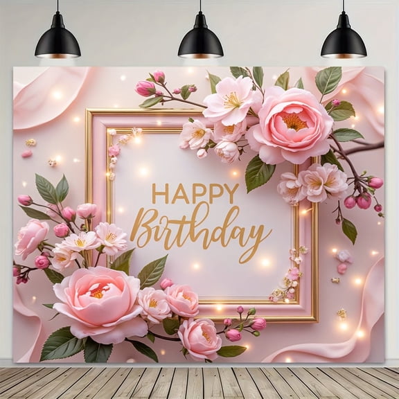 Pink Floral Happy Birthday Backdrop Roses Cherry Blossoms Birthday Photography Background for Women Elegant Pink Ribbon Golden Glitter Dots Birthday Party Decorations Banner Photo Booth Props