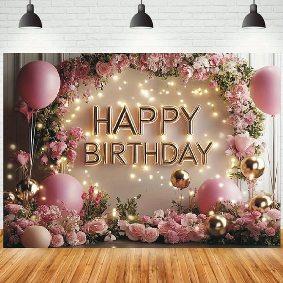 Pink Floral Happy Birthday Backdrop Roses Golden Arched Balloons Photography Background for Kids Adults Floral Theme Birthday Party Baby Shower Decorations Supplies