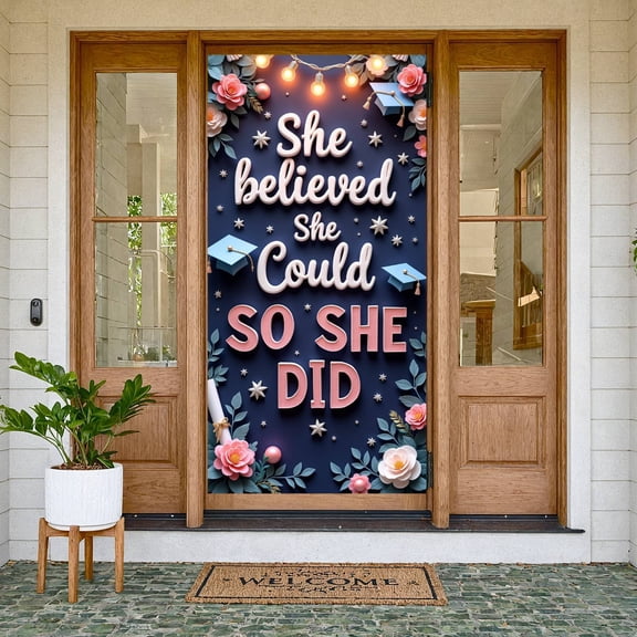 Pink Floral Inspirational Banner Green Leaves Graduation Display Star Decor Scroll Design Motivational Backdrop for Graduation Party Women's Gathering Inspirational Event