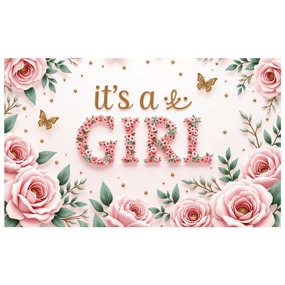 Pink Floral It's a Girl Banner Butterfly Theme Flower Design for Baby Shower Girls Party Gender Reveal Celebration