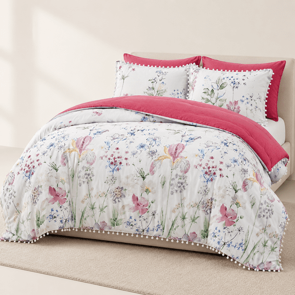 Pink Floral King 7 Piece Bed-in-a-Bag Botanical Flower Pom-Pom Soft Lightweight Bedding Set