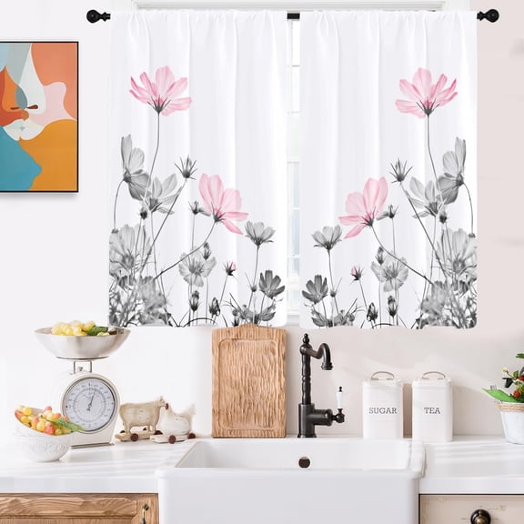 Pink Floral Kitchen Curtains Mini 27.5''''W x 39''''L Grey Farmhouse Gray Flower Girls Dark Wildflower Daisy Women Short Small Cafe Room Rod Pocket Window Drapes Treatment Tiers Fabric 1 Pair