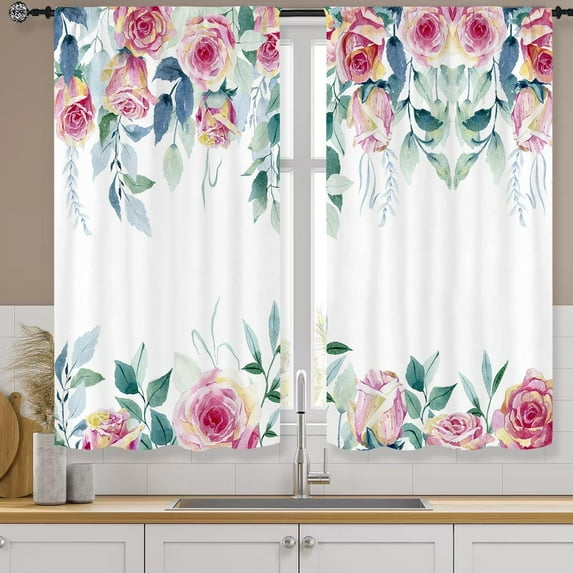 Pink Floral Kitchen Curtains Rod Pocket Abstract Flower Peony Spring Watercolor Green Leaves Small Short Cafe Tier Curtains Blossoming Window Treatment Drapes Decor(27.5W X 39L Inch 2 Panels)