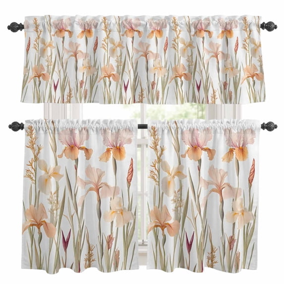 Pink Floral Kitchen Curtains Valances and Tiers Set of 3 Watercolor Flower Plant Rustic Botanical Farmhouse Tier Curtains and Valance with Rod Pocket for Small Windows, 27.5"x36"