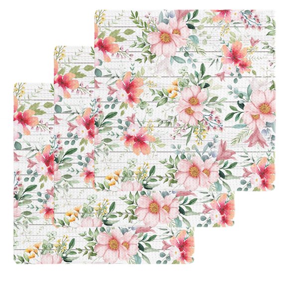 Pink Floral Kitchen Dish Towels for Drying Dishes Set of 3, Spring Pastoral Botanical Leaves Wooden Waffle Weave Microfiber Hand Tea Bathroom Towels Quick Dry & Absorbent Towel 12x12
