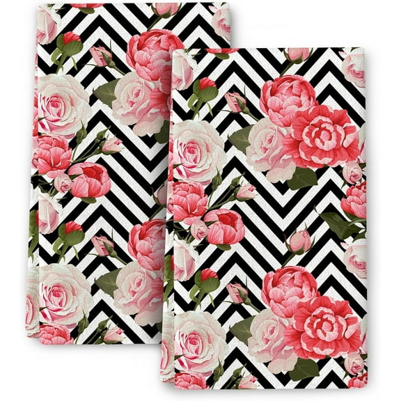 Pink Floral Kitchen Dish Towels Peony Rose Flower Hand Towels Set of 2 Housewarming Home Farmhous Holiday Decor Gifts 16"x24" Absorbent Drying Cloth Tea Towels