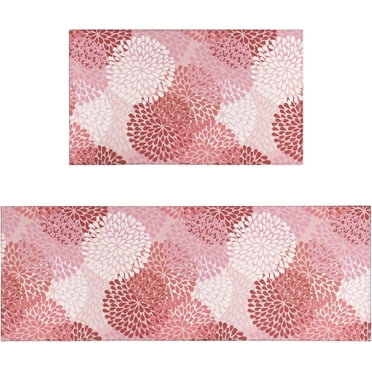 Pink Floral Kitchen Rug Mat, Pink Kitchen Rugs Sets of 2 Washable Non-Slip Kitchen Mats for Floor 2 Piece Pink Kitchen Decor