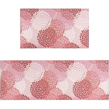 Pink Floral Kitchen Rug Mat, Pink Kitchen Rugs Sets of 2 Washable Non-Slip Kitchen Mats for Floor 2 Piece Pink Kitchen Decor