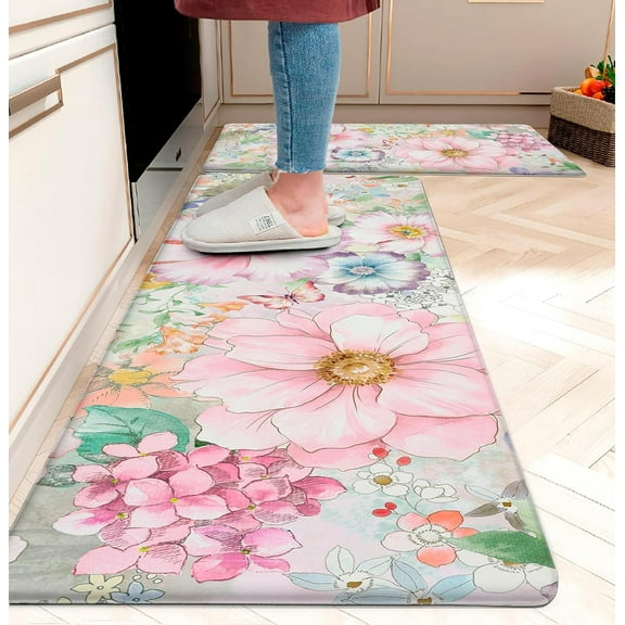 Pink Floral Kitchen Rug Mats Set of 2 Boho Flower Anti Fatigue Kitchen Mats for Floor Non-Slip Cushioned Kitchen Floor Mat Comfort Standing Memory Foam Mat Waterproof PVC (17.3X 28+17.3X 47)
