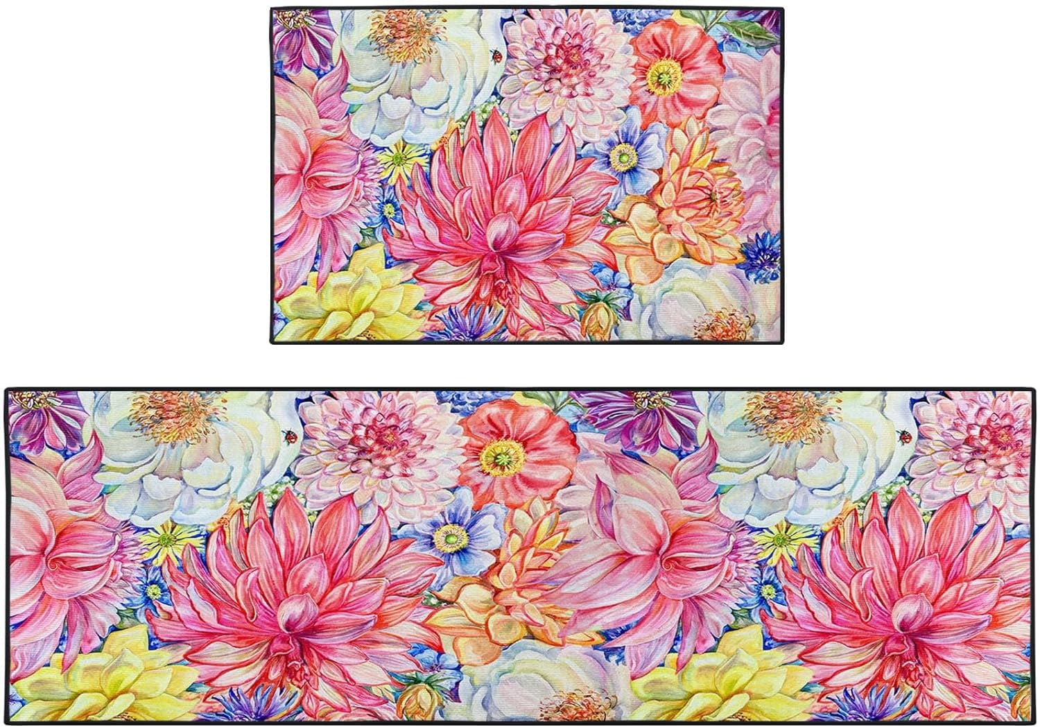 Pink Floral Kitchen Rugs and Mats Non Skid Washable Set of 2, Peony Chrysanthemum Kitchen Floor ...