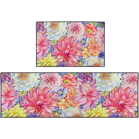 Pink Floral Kitchen Rugs and Mats Non Skid Washable Set of 2, Peony Chrysanthemum Kitchen Floor Mats, Botanical Blossom Kitchen Runner Rug, Watercolor Kitchen Decor