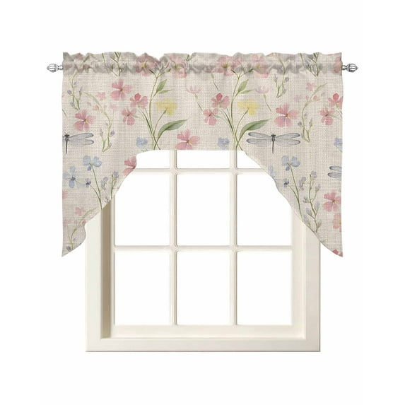 Pink Floral Kitchen Swag Valances for Windows, Spring Pastoral Retro Botanical Plants Swag Valances Curtains for Living Room, Rod Pocket Window Treatments for Bathroom, Bedroom, Cafe, 56"x36"