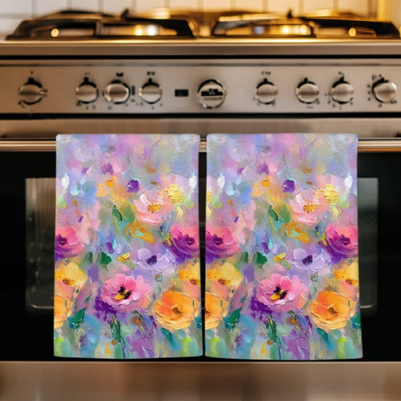 Pink Floral Kitchen Towels Set of 1, Modern Oil Painting Farmhouse Art Absorbent Dish Towels for Kitchen, Microfiber Hand Towel, Quick Drying Tea Towel for Cleaning Decorative Dishcloths