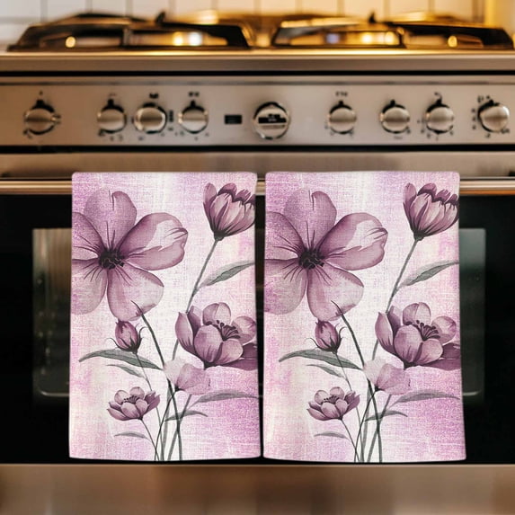 Pink Floral Kitchen Towels Set of 3, Vintage Botanical Gradient Pastel Painting Absorbent Dish Towels for Kitchen, Microfiber Hand Towel, Quick Drying Tea Towel for Cleaning Decorative Dishcloths
