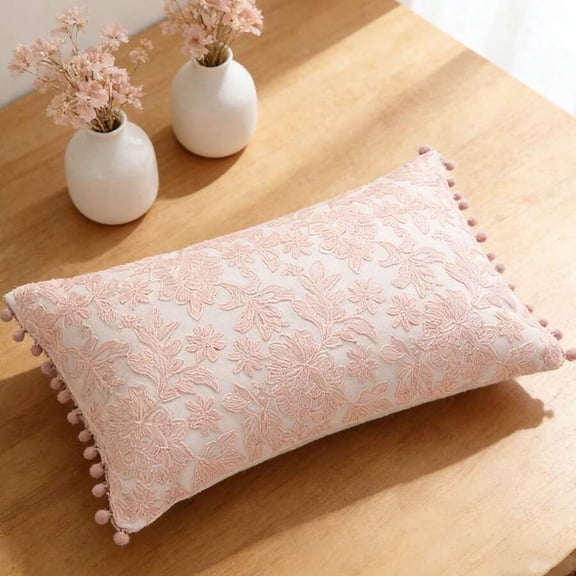 Pink Floral Lace Embroidered Lumbar Pillow Cover With Pompom Trim For Sofa Bedroom Decor