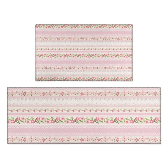 Pink Floral and Lace Pattern Kitchen Rugs Sets Of 2,Anti Fatigue Kitchen Mat Rugs Non Slip Washable,Decorative Kitchen Floor Mats for Kitchen,Sink,Laundry,17"x30"+17"x47"