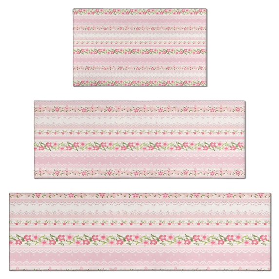 Pink Floral and Lace Pattern Kitchen Rugs Sets Of 3,Kitchen Runner Rugs Non Skid Washable,Decorative Kitchen Floor Mats for Kitchen,Sink,Laundry,17"x30"+ 17"x47" + 17"x59"