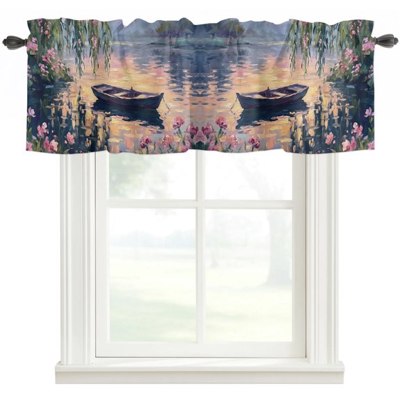 Pink Floral Lake Valances for Windows Farmhouse Kitchen Curtains Valances Rod Pocket Valance Curtains for Kitchen Windows Modern Art Weeping Window Valances for Bathroom Bedroom 60"x18"