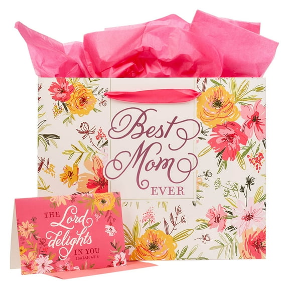 Pink Floral Landscape Gift Bag Set w/Card Best Mom Ever Isa. 62:4, Large