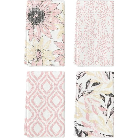 Pink Floral Leaves Boho Kitchen Towels Dish Towels, 18x26 Inch Seasonal Decoration Hand Towels Set of 4