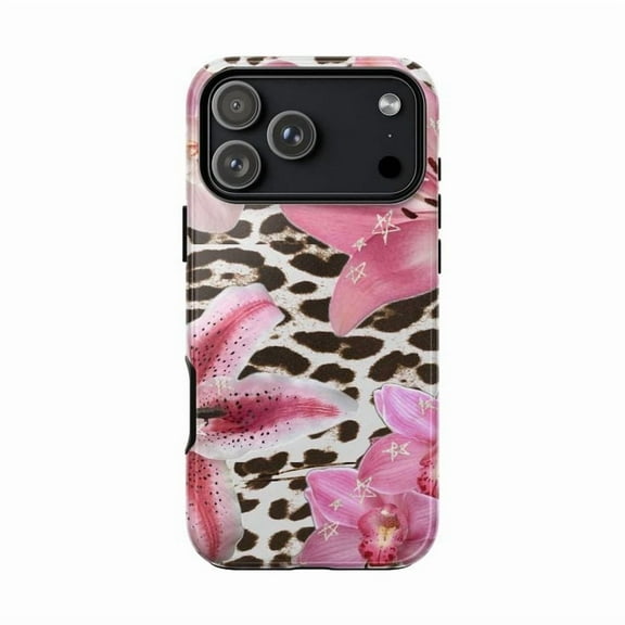 Pink Floral Leopard Print Phone Case, Cute Flower and Animal Pattern Cover for iPhone 17 16 15 14 13 12 11 Pro Max Plus Mini Protective Case