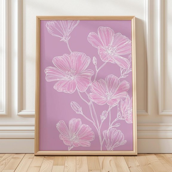 Pink Floral Line Art Minimal Botanical Soft Pink Porch Decoration Unframed Paper Print