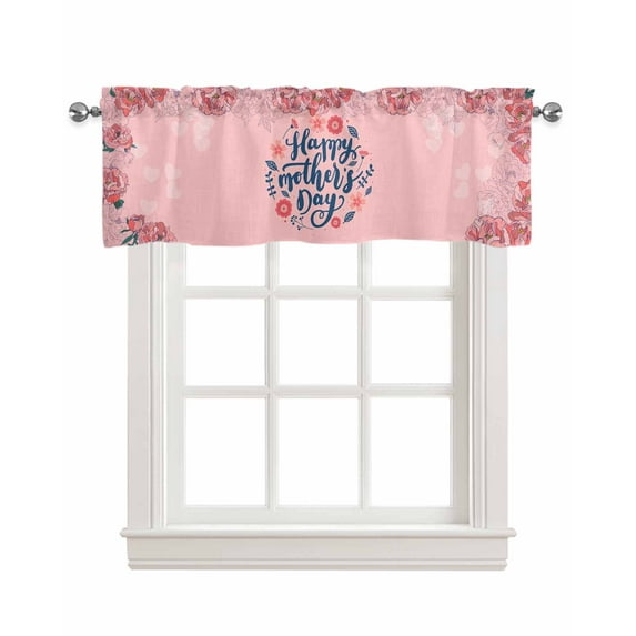 Pink Floral Linen Curtain Valance for Bedroom/Bathroom/Kitchen/Office/Living/Dining Room Window,Vintage Blossom Happy Mother's Day Pocket Topper Drapes Decorative Cafe Drapery Panel 42"x12"