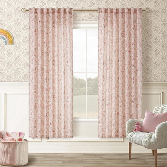 Pink Floral Linen Curtains 72 Inch Length 2 Panels Set Patterned Semi Sheer Curtains Living Room Girls Bedroom Back Tab Rod Pocket Farmhouse Boho Short Pink Blush Kitchen Window Drapes 52x72