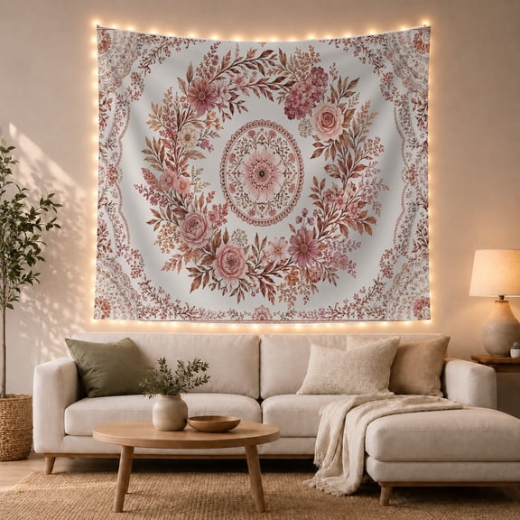 Pink Floral Mandala With Leaf Wreath, Calming Boho Style for Mandala Lovers, Bohemian Wall Art, Housewarming Gift Tapestry Wall Hanging for Bedroom and Living Room